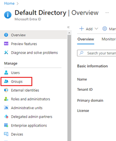 Snímek obrazovky znázorňující umístění položky nabídky Skupiny v nabídce vlevo na stránce Výchozí adresář Microsoft Entra ID