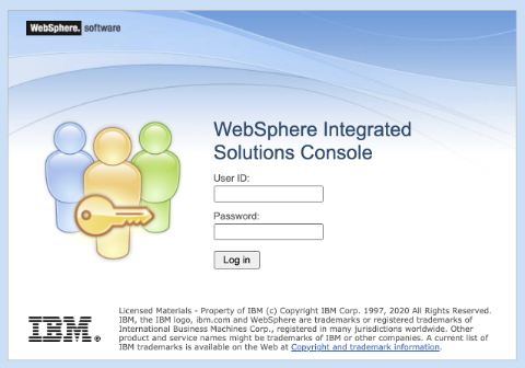 Snímek obrazovky s přihlašovací stránkou konzoly IBM WebSphere Integrated Solutions Console