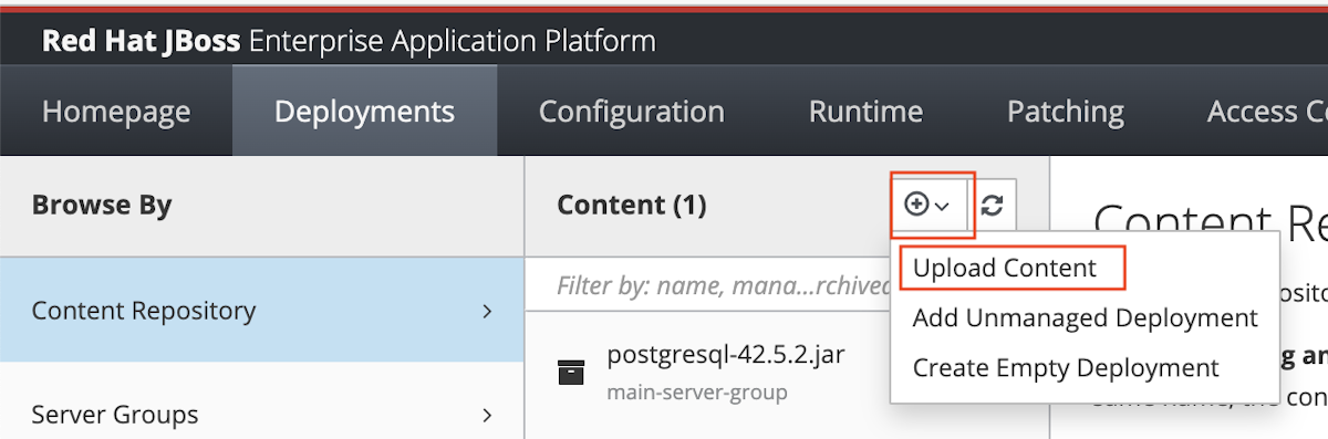Snímek obrazovky s kartou Nasazení podnikové aplikační platformy Red Hat JBoss a zvýrazněnou možností Nabídky Nahrát obsah