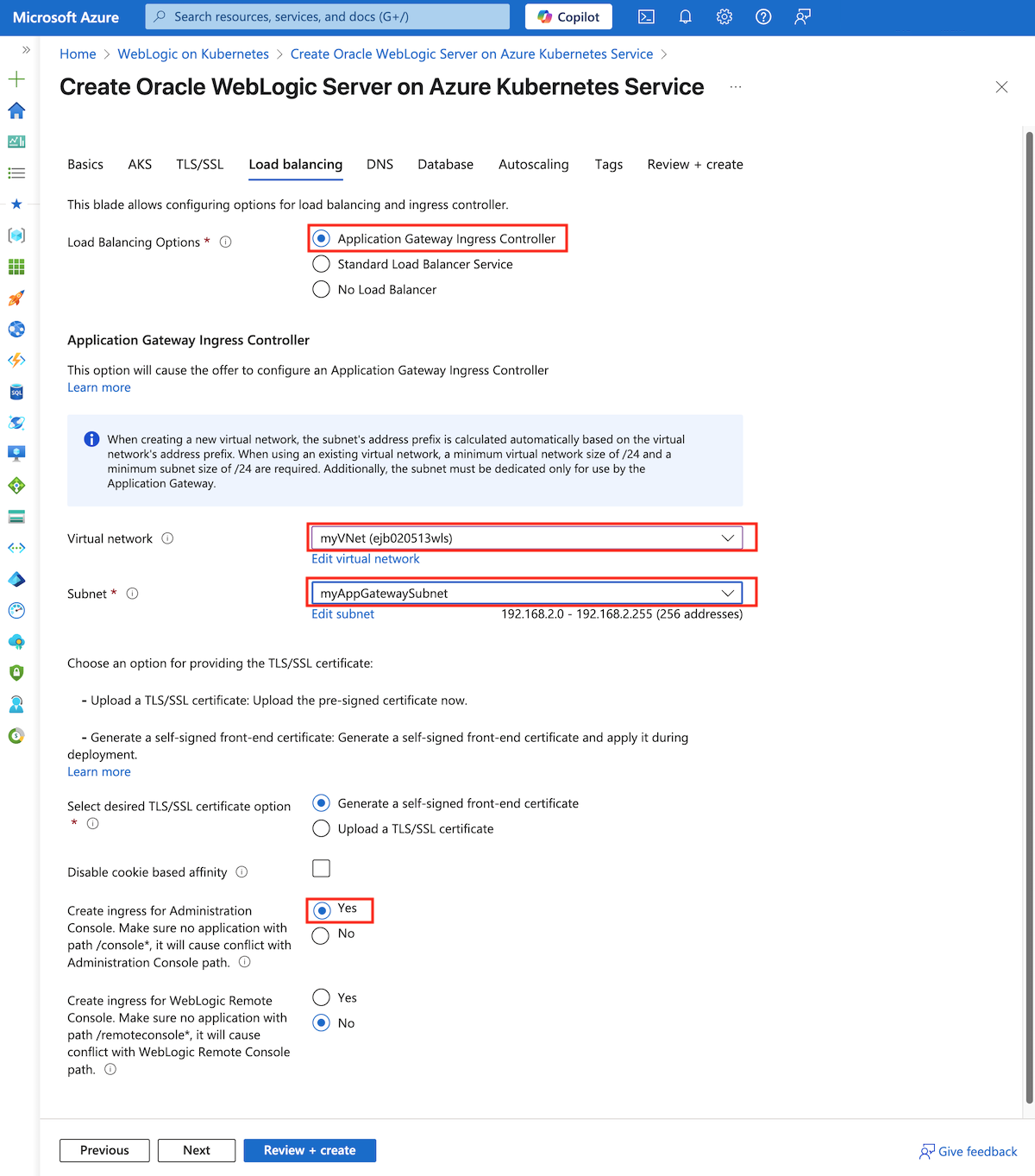Snímek obrazovky webu Azure Portal znázorňující podokno Sítě na stránce Vytvořit Server Oracle WebLogic na stránce Azure Kubernetes Service