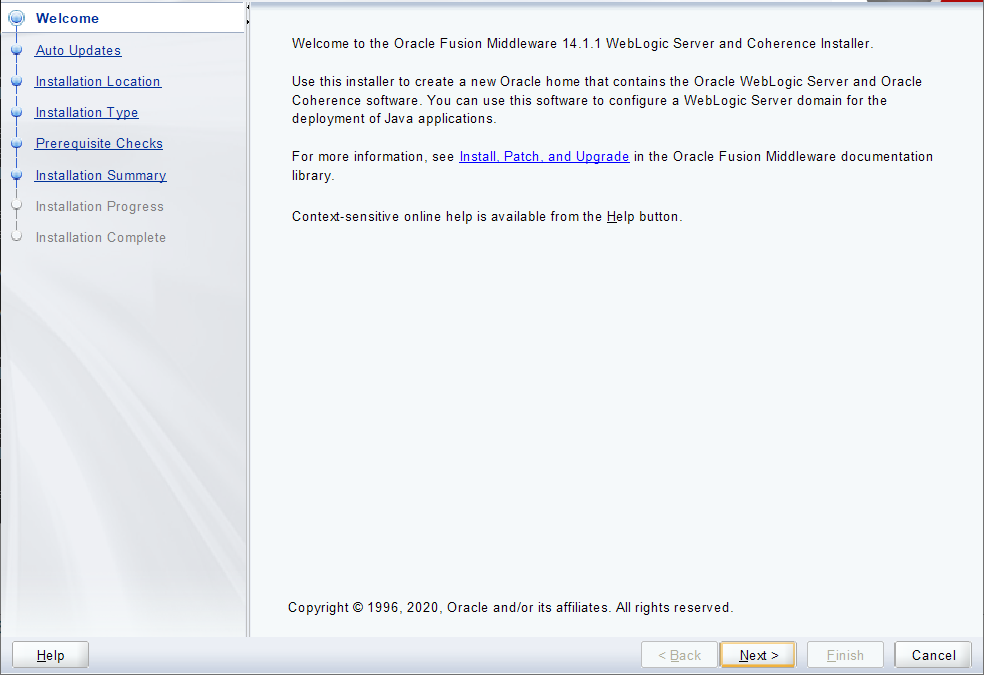 Screenshot of Oracle WebLogic Server Installation Welcome.