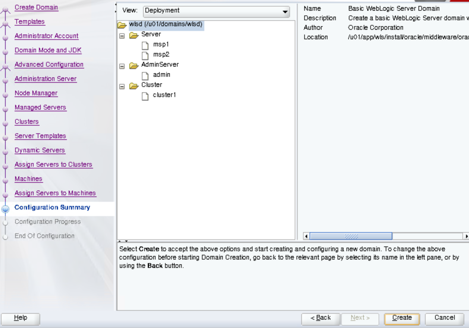 Screenshot of Oracle Configuration Wizard - Configuration Summary.