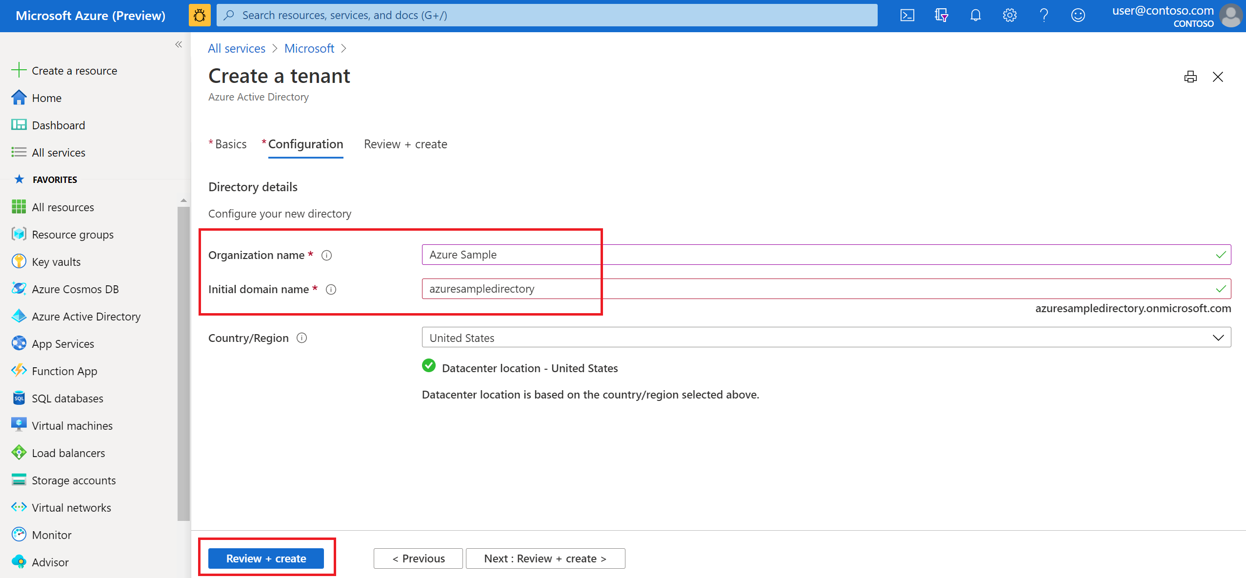 Snímek obrazovky Vytvoření tenanta v části Konfigurace služby Azure Active Directory