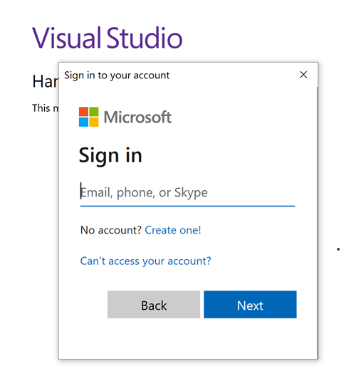 Snímek obrazovky s dialogovým oknem pro přihlášení k sadě Visual Studio