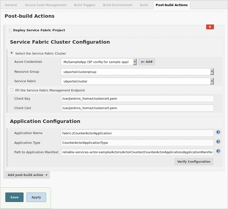 Akce Post-Build Jenkinse Pro Service Fabric – Konfigurace přihlašovacích údajů Azure