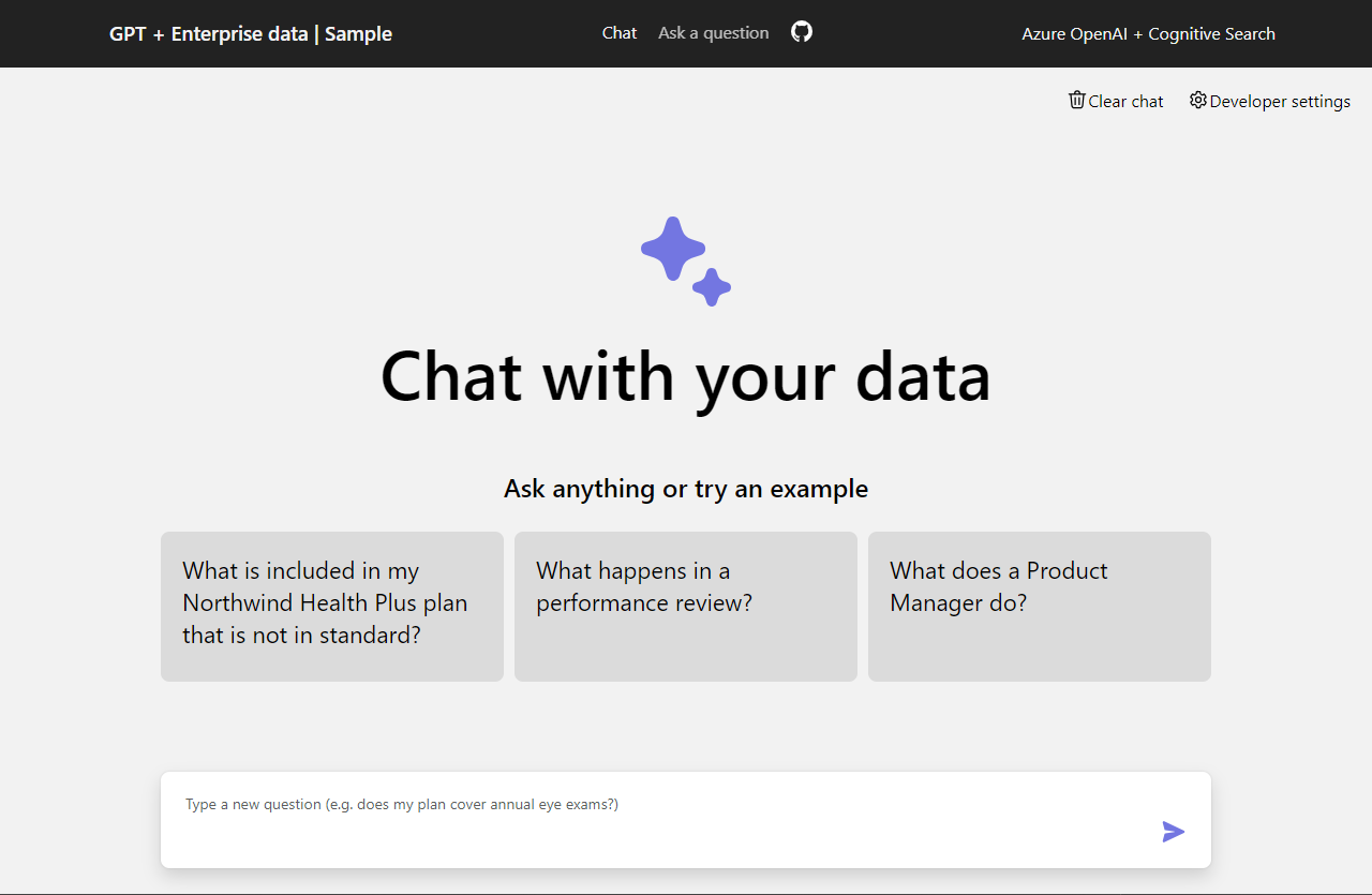 Snímek obrazovky chatovací aplikace v prohlížeči s několika návrhy pro vstup chatu a textovým polem chatu pro zadání otázky