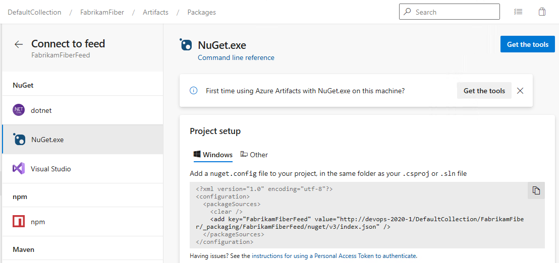 Snímek obrazovky znázorňující, jak nastavit projekt NuGet v sadě Server 2020 a Server 2022