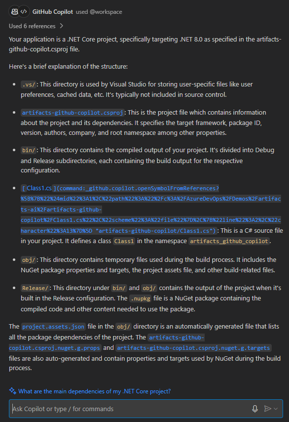 Snímek obrazovky znázorňující strukturu aplikace pracovního prostoru v GitHubu Copilot