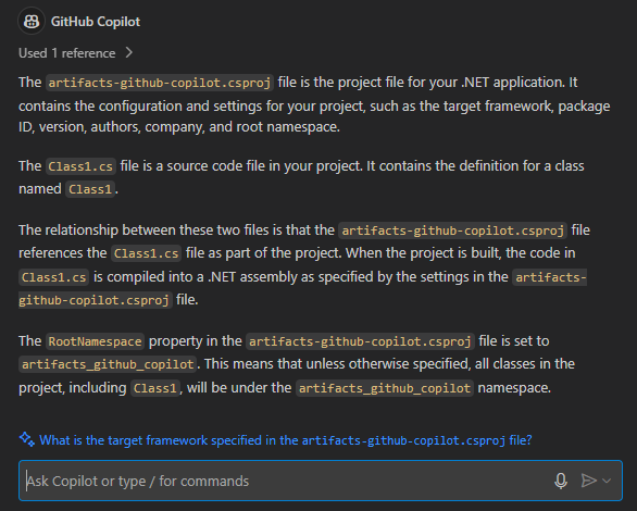 Snímek obrazovky znázorňující odpověď GitHub Copilotu v editoru Visual Studio Code