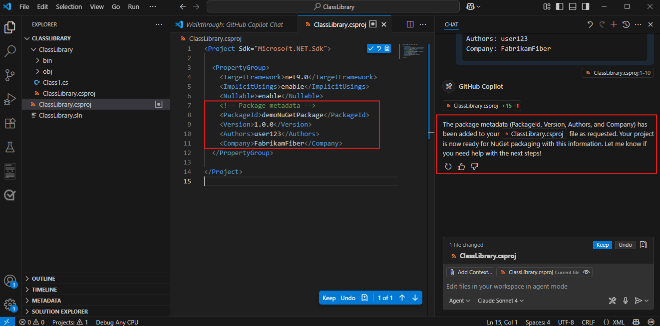 Snímek obrazovky znázorňující GitHub Copilot potvrzující úspěšné přidání metadat balíčku