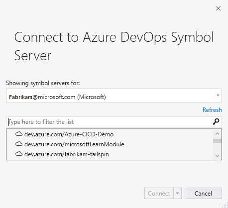 Připojení k serveru symbolů Azure DevOps