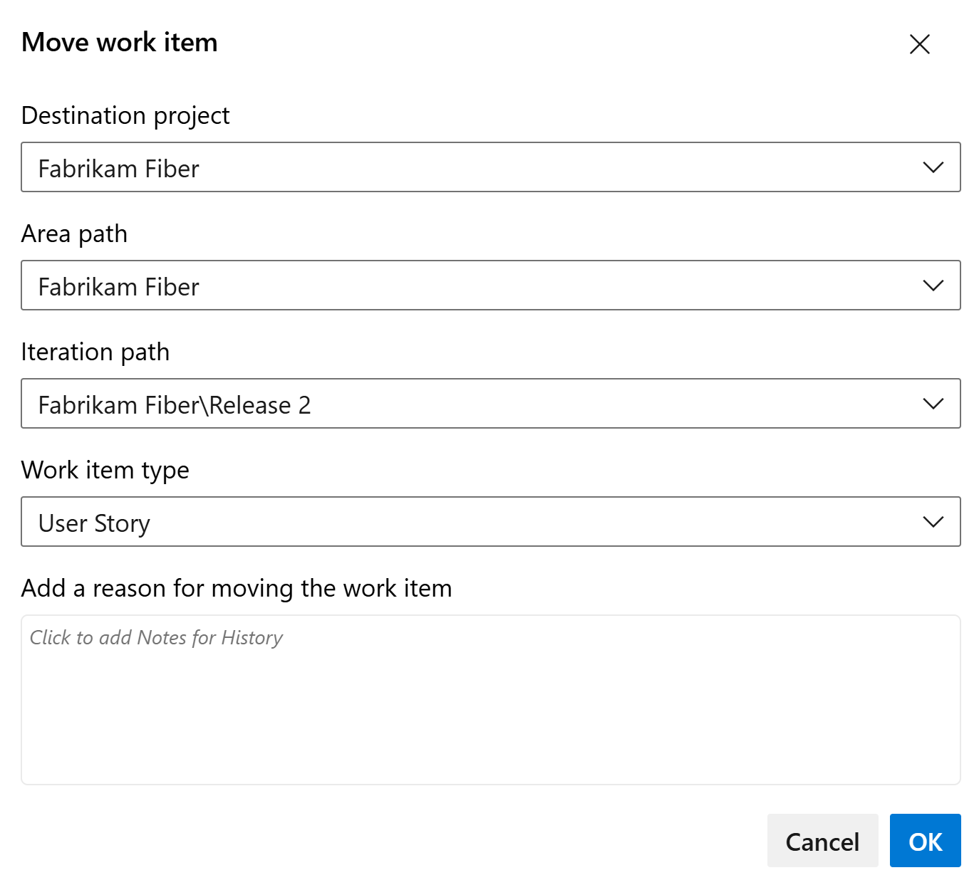 Dialogové okno pro přesun typu pracovní položky na místním serveru