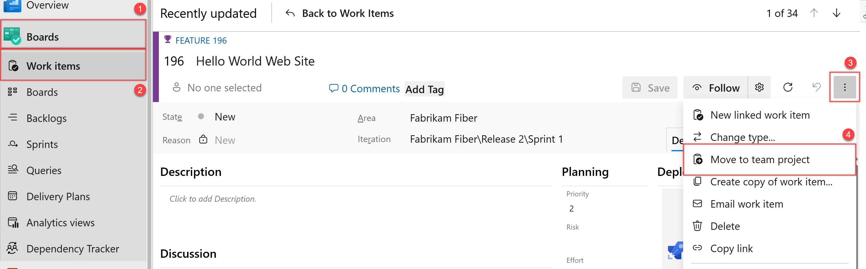 Snímek obrazovky ukazuje posloupnost výběrů tlačítek pro přesunutí pracovní položky do týmového projektu.