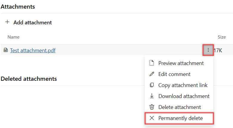 Snímek obrazovky s postupem pro trvalé odstranění přílohy