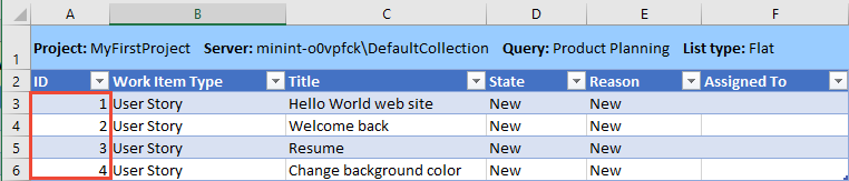 Snímek obrazovky s ID publikovaných pracovních položek, které se zobrazují v Excelu
