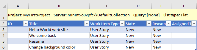 Snímek obrazovky s přidáním pracovních položek do Excelu