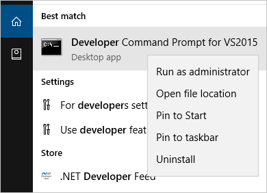 Snímek obrazovky s příkazovým řádkem pro vývojáře v nabídce Start VS2015 s příkazem Spustit jako správce