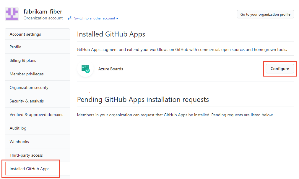 Snímek obrazovky s otevřeným účtem organizace, nainstalovanými aplikacemi GitHubu, Azure Boards a konfigurací