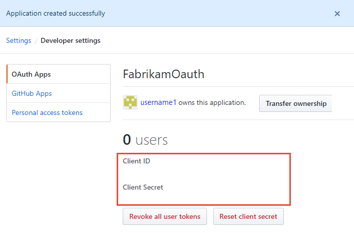 Snímek obrazovky s ID klienta a tajným klíčem klienta pro zaregistrovanou aplikaci OAuth