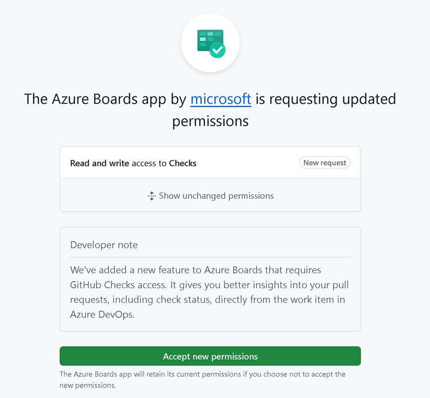Screenshot dialogového okna oprávnění aplikace Azure Boards GitHub zobrazující aktualizované kontroly oprávnění.