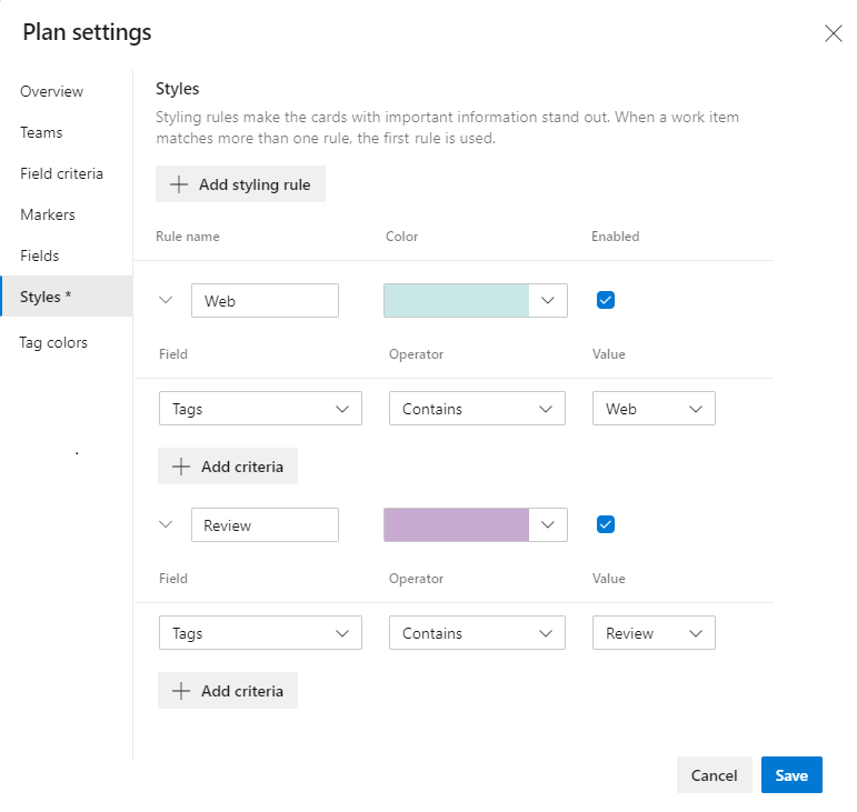 Dialog for Plans settings, Styles tab, two styles defined.