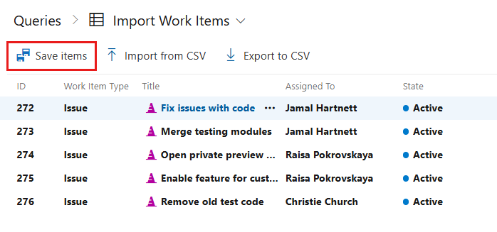 Screenshot showing Import Work Items, Save Items.