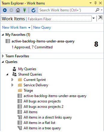 Snímek obrazovky se stránkou Pracovní položky a sadou Visual Studio zobrazující složky dotazů