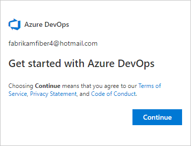 Zvolte Pokračovat a zaregistrujte se k Azure DevOps.