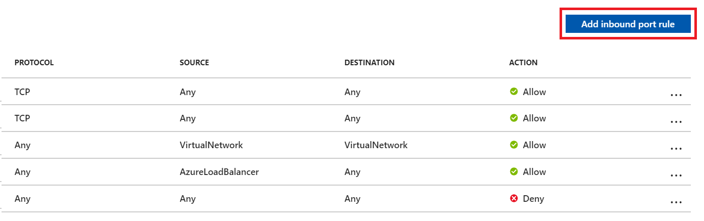 Snímek obrazovky s tlačítkem Přidat příchozí pravidlo portu na stránce síťového rozhraní virtuálního počítače SQL Azure