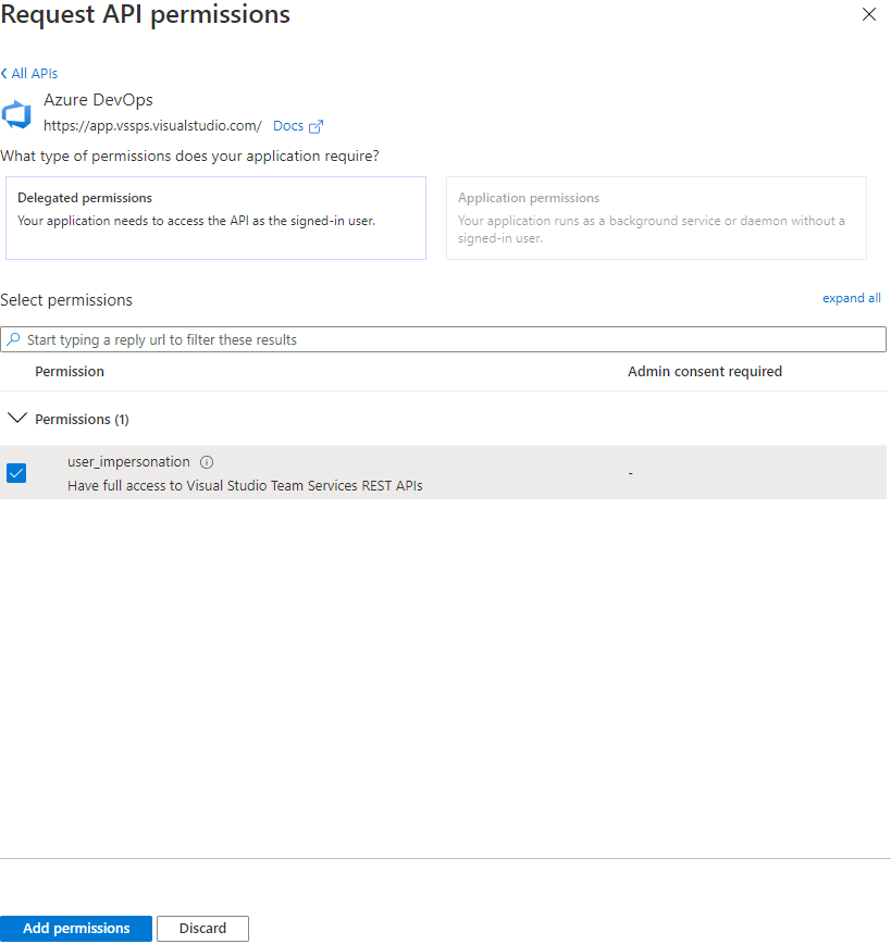 Snímek obrazovky znázorňující přidání oprávnění Azure DevOps user_impersonation