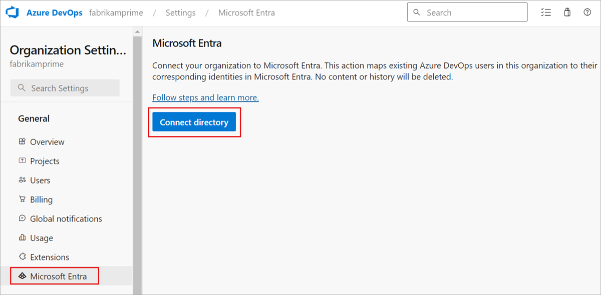 Vyberte Připojit adresář, aby se vaše organizace připojila k Microsoft Entra ID.