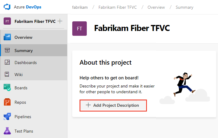 Snímek obrazovky s úvodní stránkou, novým projektem TFVC a vytvořením souboru readme