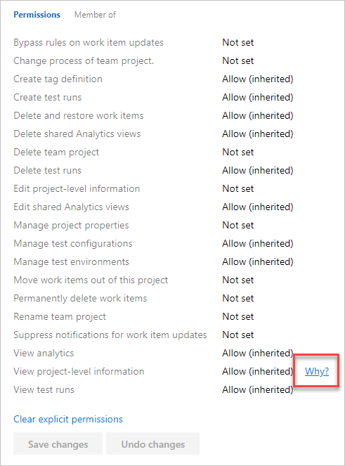 Snímek obrazovky s výběrem možnosti Proč v zobrazení seznamu oprávnění pro informace na úrovni projektu, Azure DevOps Server 2019