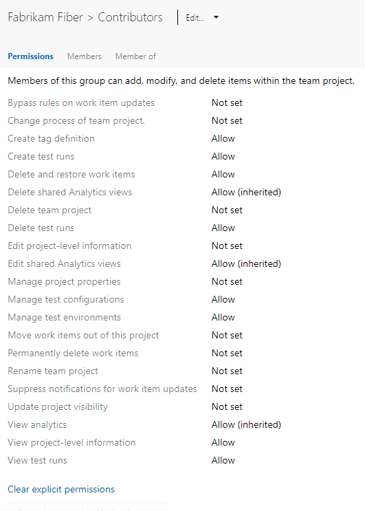 Snímek obrazovky s dialogovým oknem oprávnění na úrovni projektu, aktuální stránkou služby Azure DevOps Services