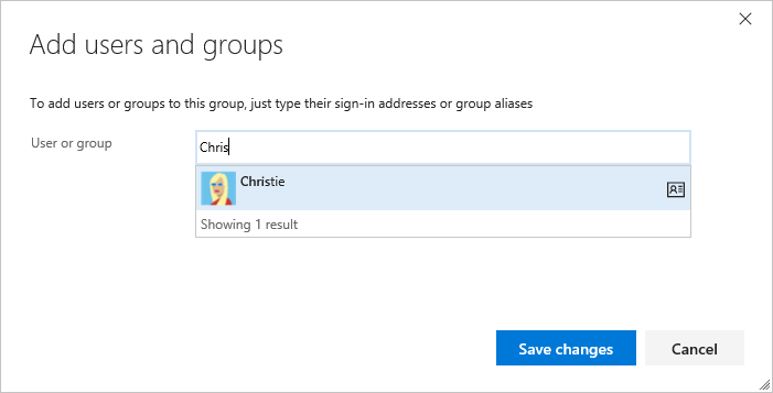 Snímek obrazovky s dialogovým oknem Přidat uživatele a skupinu, aktuální stránkou