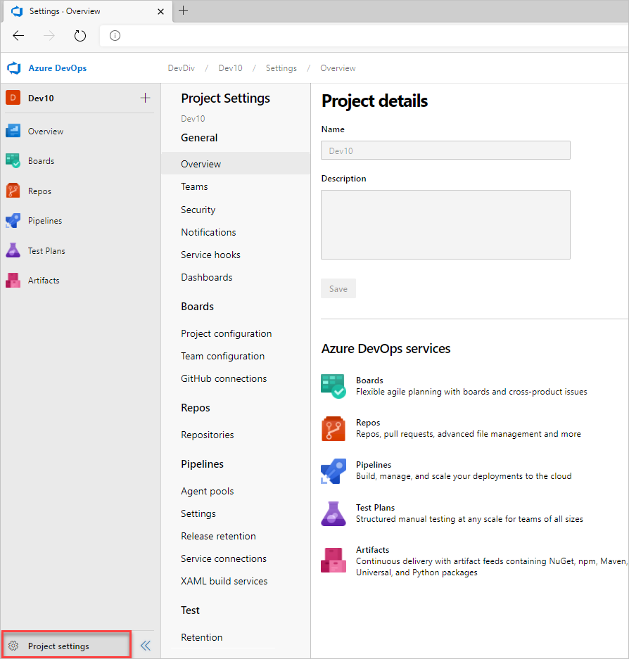 Snímek obrazovky se stránkou nastavení projektu, Azure DevOps Server 2022