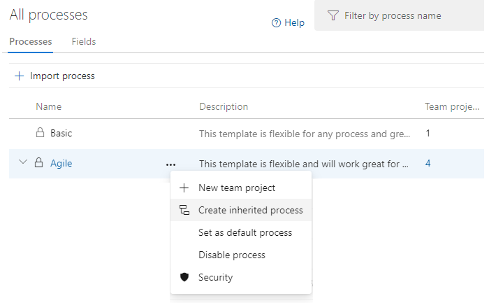 Snímek obrazovky s místní nabídkou, zvolte Vytvořit zděděný proces, Azure DevOps.