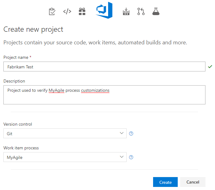 Snímek obrazovky s dialogovým oknem Vytvořit nový formulář projektu, Azure DevOps Server 2019