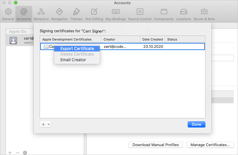 Snímek obrazovky s exportem certifikátu pomocí Xcode