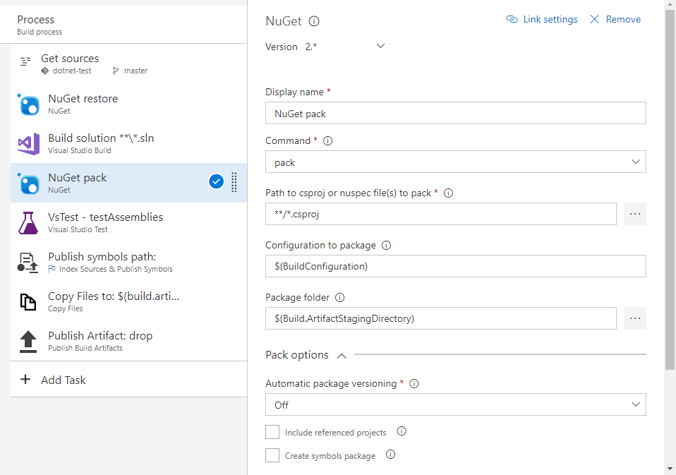 Snímek obrazovky znázorňující, jak nakonfigurovat úlohu NuGet v Azure Pipelines