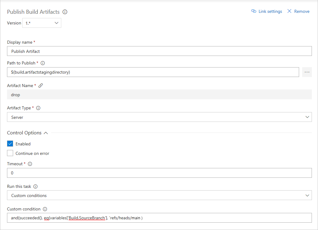 Snímek obrazovky znázorňující, jak přidat vlastní podmínku do úlohy publikování artefaktů sestavení