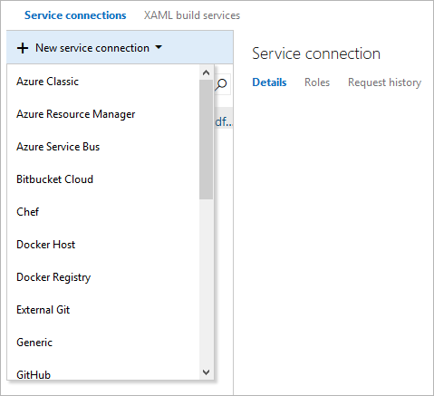 Snímek obrazovky znázorňující výběr typu připojení služby