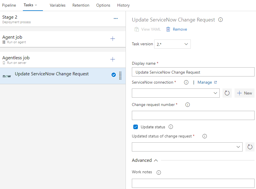 Snímek obrazovky znázorňující, jak nakonfigurovat úlohu žádosti o změnu Update ServiceNow