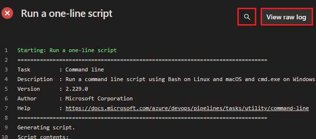 Snímek obrazovky s možnostmi zobrazení protokolu v Azure DevOps