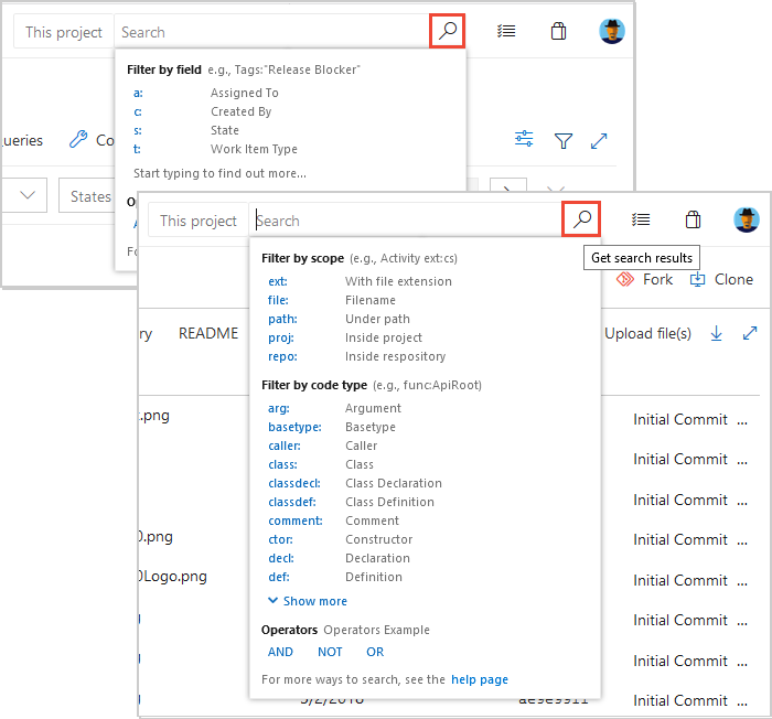 Vyhledávací pole v Azure DevOps