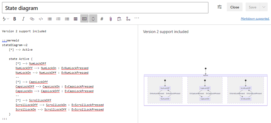 Snímek obrazovky s živým editorem mermaid s kódem a náhledem diagramu stavu
