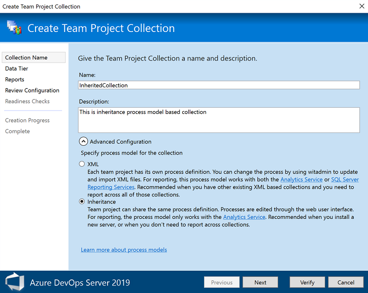 Snímek obrazovky s průvodcem vytvořením kolekce týmových projektů a dialogovým oknem Název kolekce