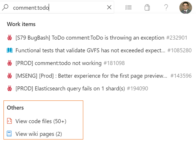 Přejděte na výsledky hledání kódu a wikiwebu z Azure Boards.
