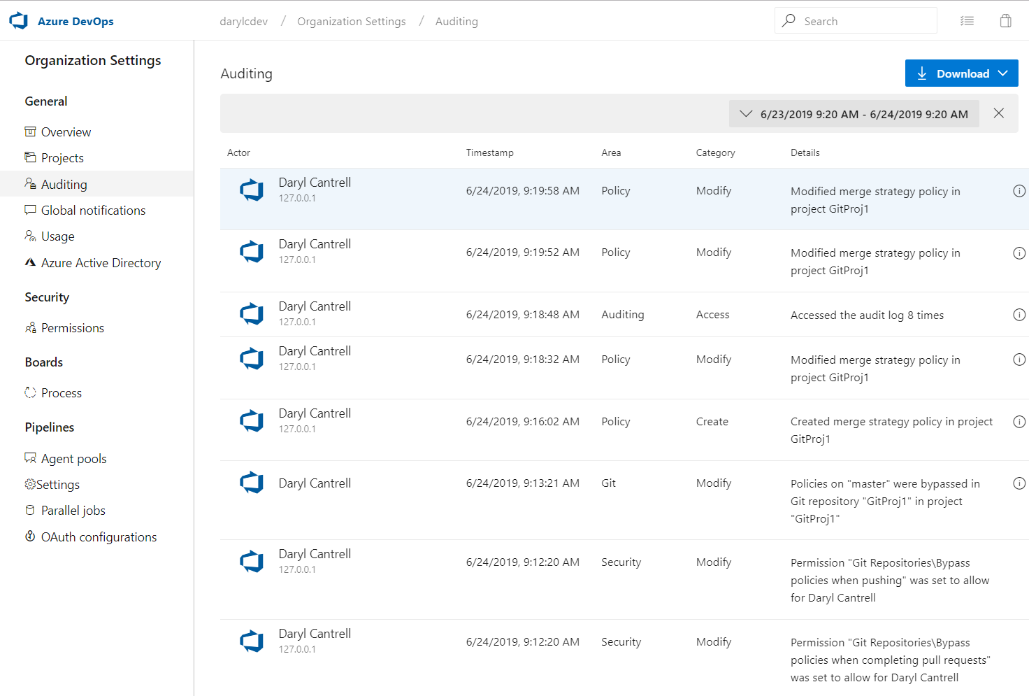 Auditing for Azure Repos events.