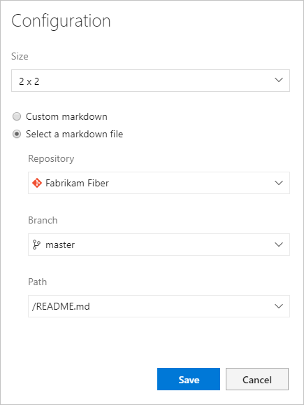 Snímek obrazovky s widgetem Konfigurovat Markdown se souborem úložiště